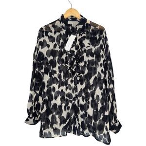 NEW Spiegel Sheer Silk Blouse Sz 12 Abstract All Over Print Long Sleeve Ruffle